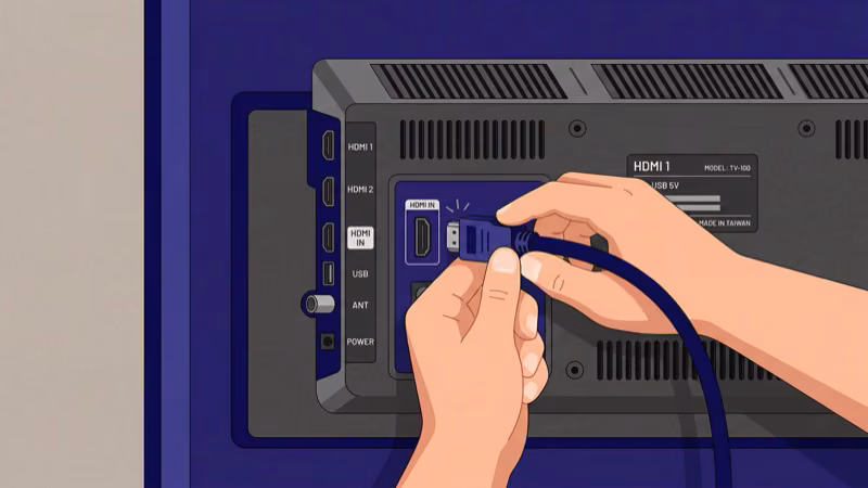 Hands checking HDMI cable connection on Toshiba TV back panel