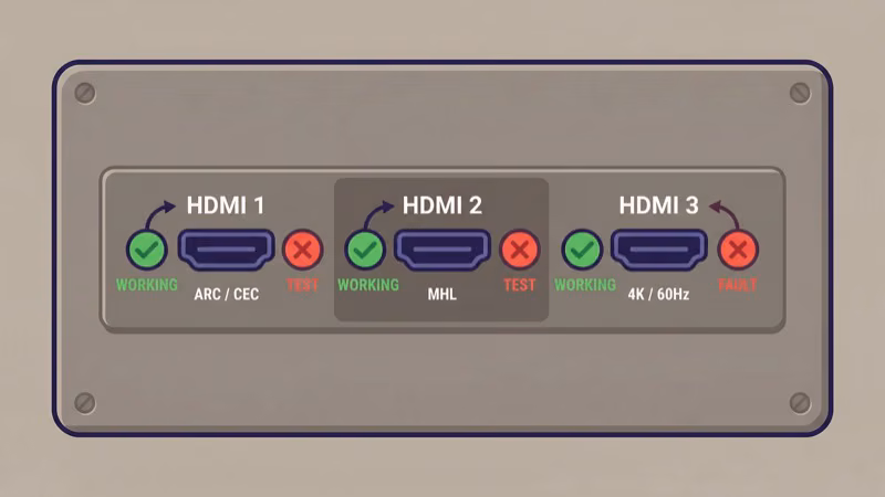 Toshiba TV HDMI port testing diagram with pass fail indicators
