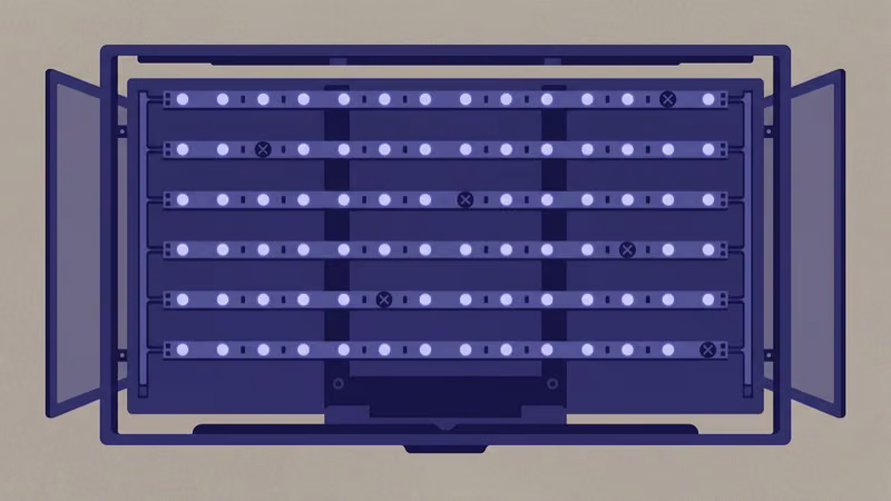 LED backlight strips inside disassembled TV panel with failed LEDs