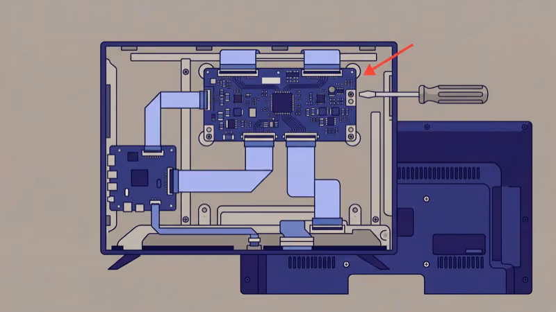 T-Con timing controller board inside TV with ribbon cables