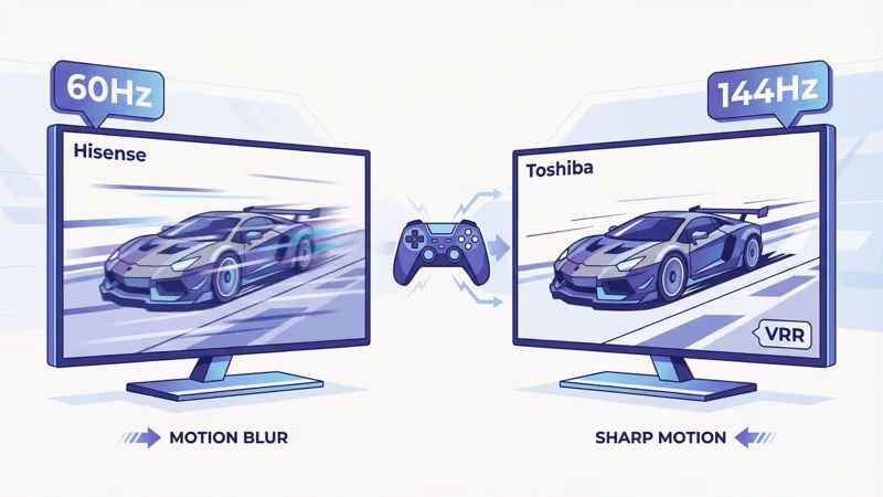 Gaming refresh rate comparison showing 60Hz Toshiba with blur versus 144Hz Hisense sharp display