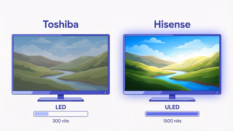Side by side Toshiba and Hisense TV picture quality comparison showing brightness difference