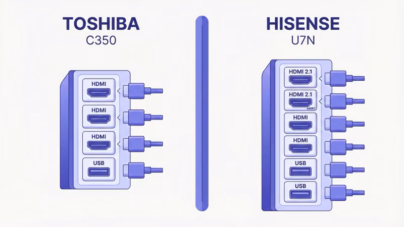 Toshiba and Hisense TV port layout comparison showing HDMI and USB port counts