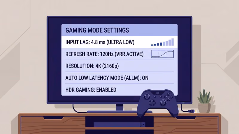 TV game mode settings with input lag and refresh rate specs