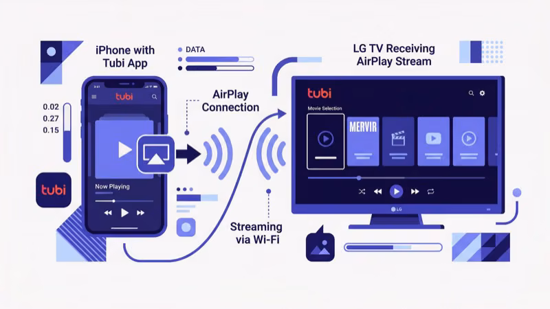 iPhone screen showing Tubi AirPlay icon tapped with LG TV selected as streaming target