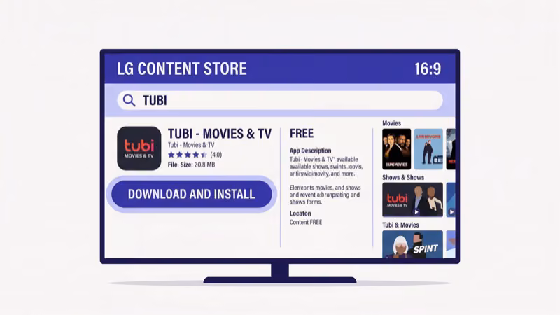 LG Smart TV webOS home screen showing LG Content Store with Tubi app search results