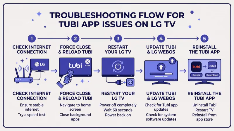 LG Smart TV settings menu open showing network and app troubleshooting options for Tubi
