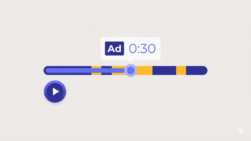 Video player timeline showing ad break segments and duration indicator