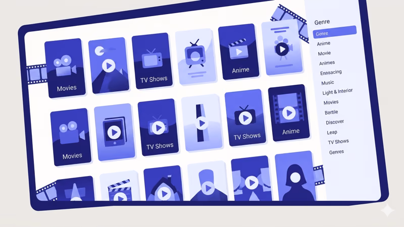 Movie and TV show catalog browsing interface with genre categories and thumbnail grid