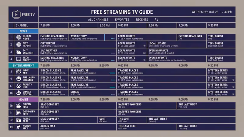 Free streaming live TV channel guide with entertainment categories