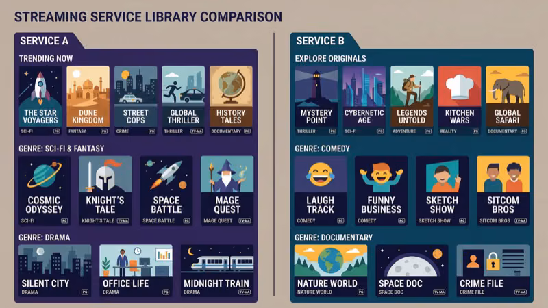Two streaming service content libraries compared side by side