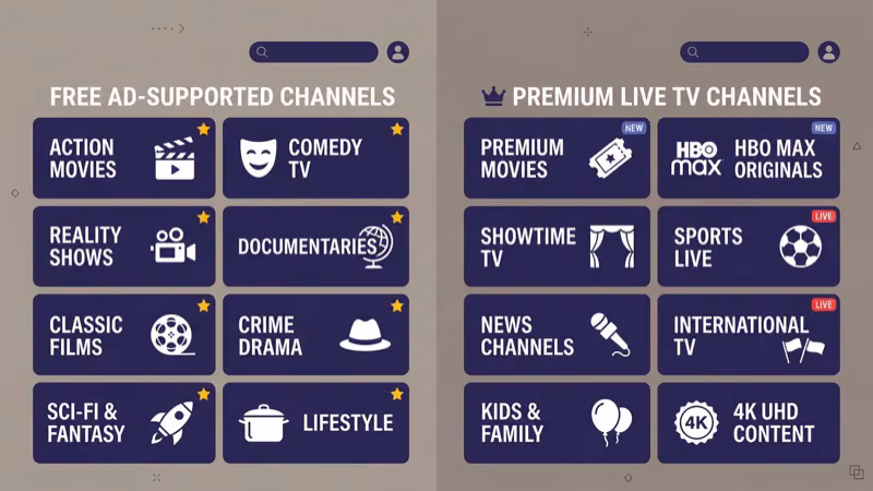 Tubi on-demand library versus YouTube TV live channel lineup displayed on smart TV screens