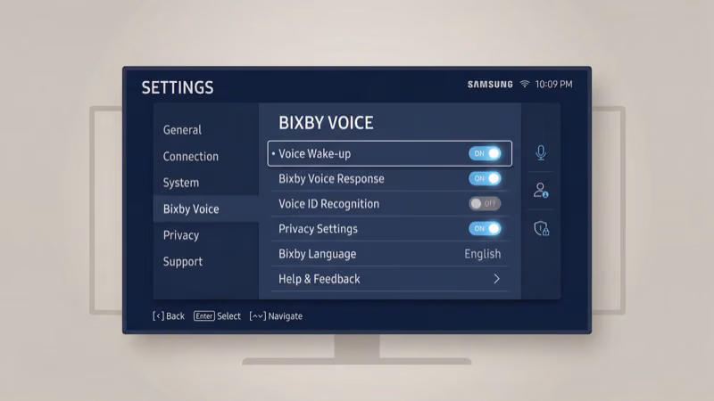 Samsung TV Bixby voice assistant settings with toggle options