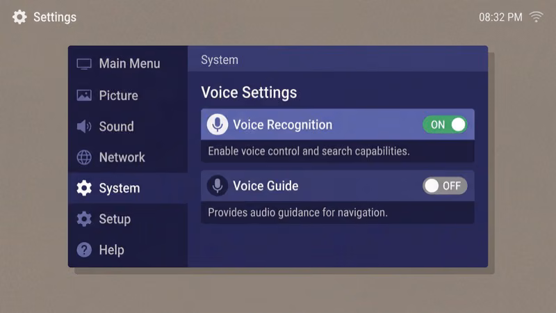 Older Samsung TV settings menu showing voice recognition options