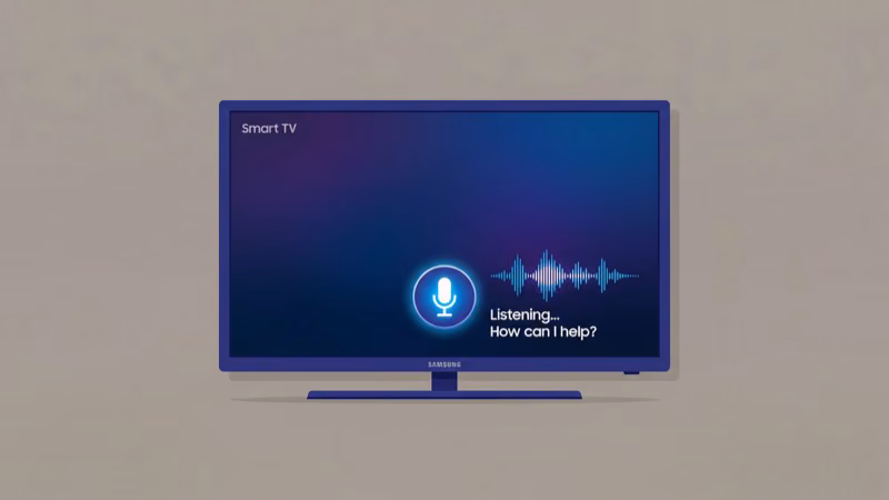 Samsung TV screen with voice assistant microphone indicator active