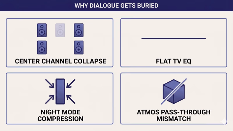 Four-cause grid: center channel collapse, flat TV EQ, Night Mode compression, Atmos pass-through mismatch