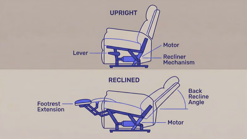 Cutaway diagram comparing manual lever recliner mechanism versus electric power motor