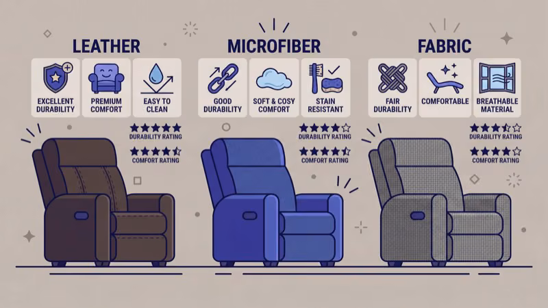 Side-by-side comparison of leather, fabric, and microfiber TV recliner upholstery materials