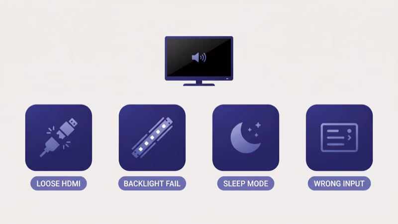 Common causes of TV black screen with sound including HDMI and backlight
