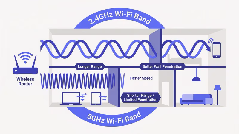 Comparison of 2.4 GHz and 5 GHz Wi-Fi bands showing range and speed differences