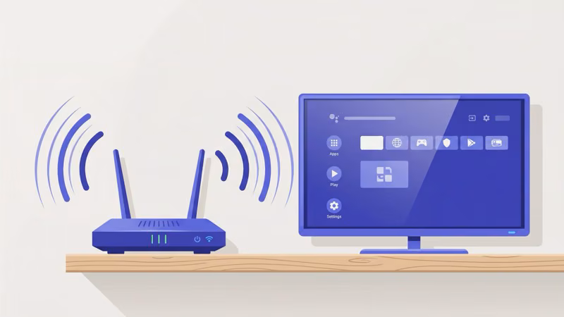 Smart TV and router placement showing Wi-Fi signal strength at different distances