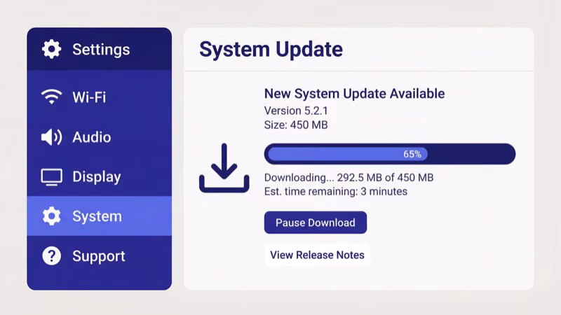Smart TV firmware update settings screen showing software update options