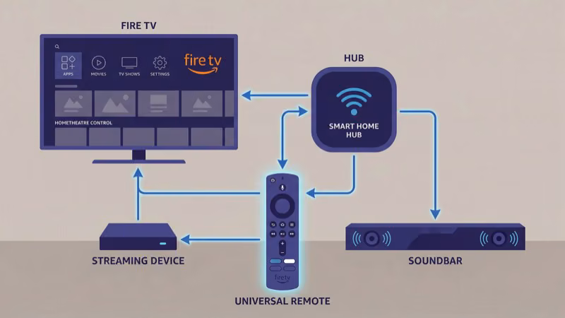 Smart home hub controlling Fire TV and devices via remote