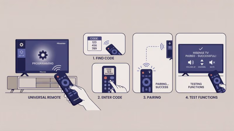 Programming a universal remote for Hisense TV with code entry steps