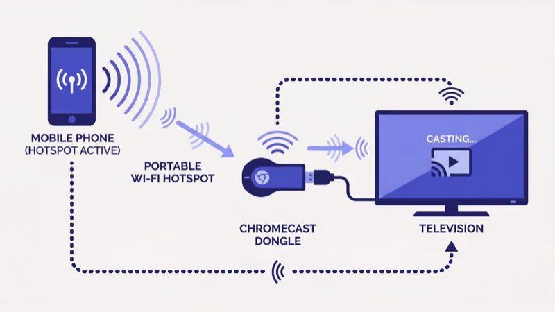 Mobile phone hotspot settings screen connected to Chromecast for offline streaming
