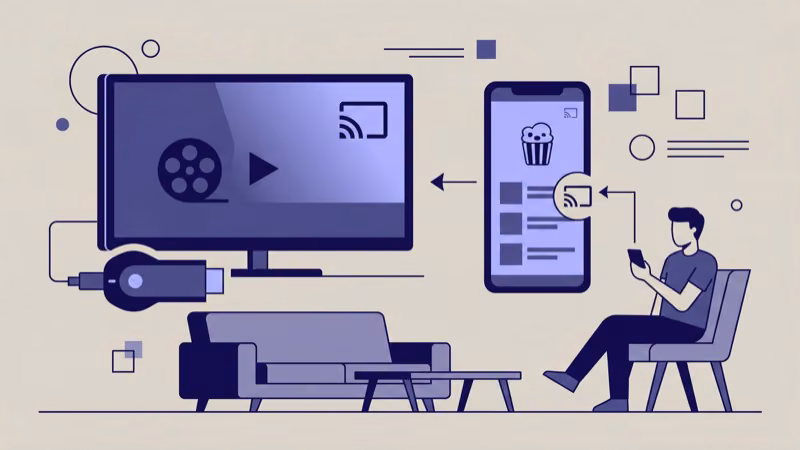 Popcorn Time casting setup with Chromecast connected to TV via Wi-Fi