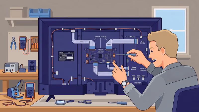 T-Con board inside Vizio TV with ribbon cable connections