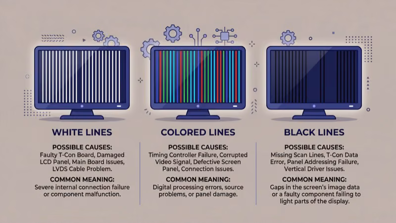 Different colored vertical lines on TV screens with diagnosis labels