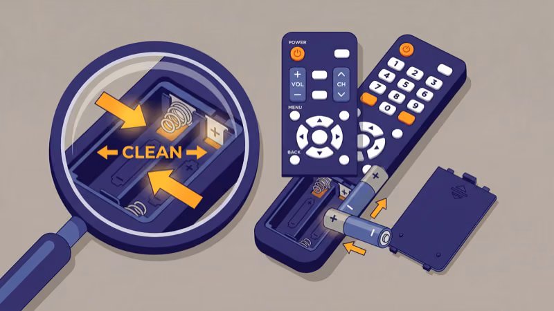 Vizio remote battery compartment showing corroded contacts being cleaned with isopropyl alcohol