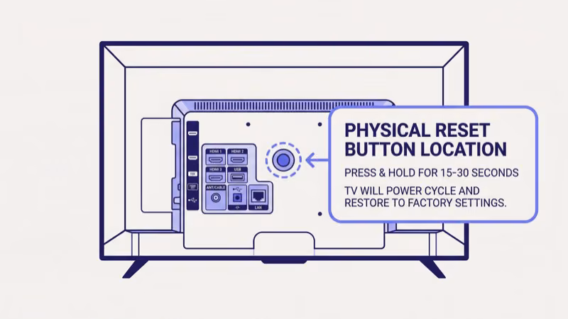 Flat vector guide showing Vizio TV physical button locations for hardware factory reset