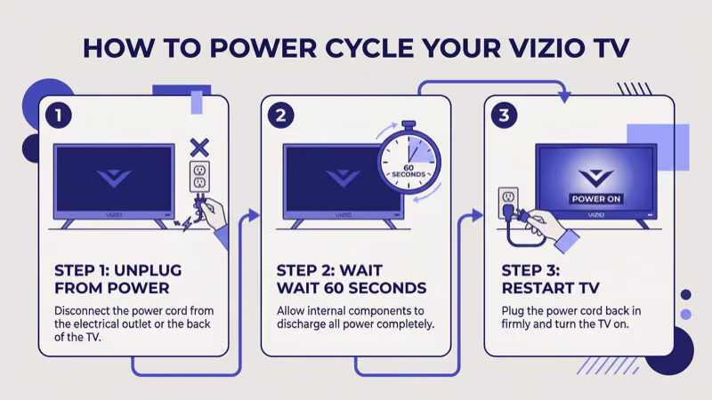 Step by step flat vector guide showing how to hard power cycle a Vizio TV