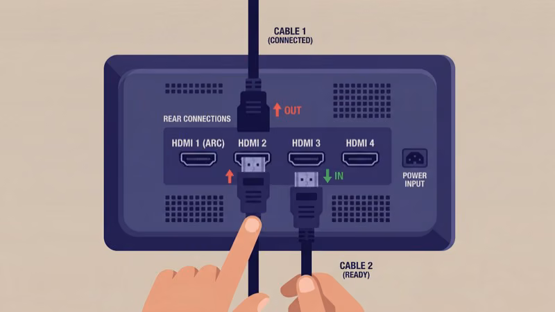 Inspecting HDMI cable ends for bent pins and damage connected to a Vizio TV port