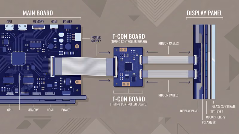 Vizio TV T-CON board location inside the television panel with replacement part highlighted
