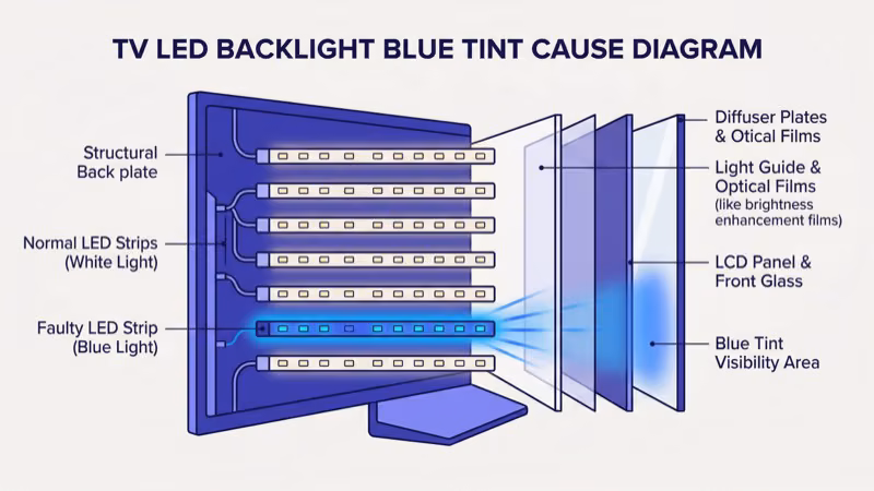Degraded LED backlight strips removed from Vizio TV panel showing phosphor coating wear