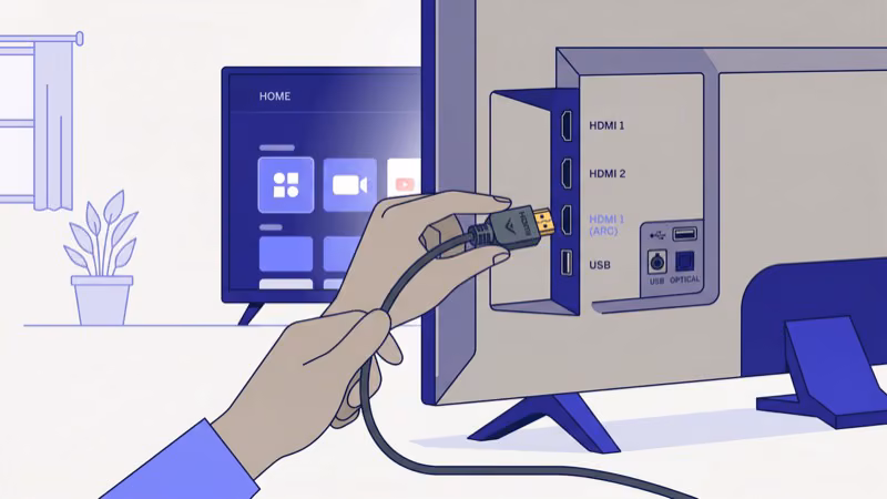 HDMI cable being firmly reseated into Vizio TV port to eliminate blue tint color shift