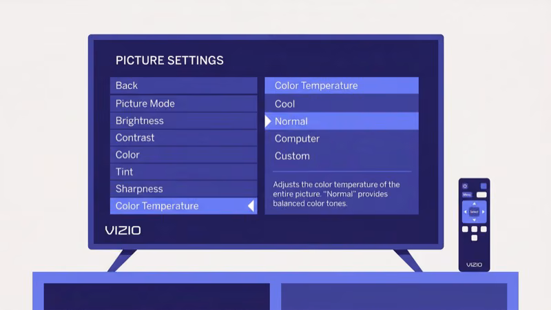 Vizio TV picture settings menu showing color temperature and reset picture mode options