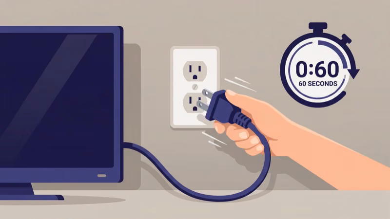 TV power cord unplugged from wall outlet for soft reset procedure