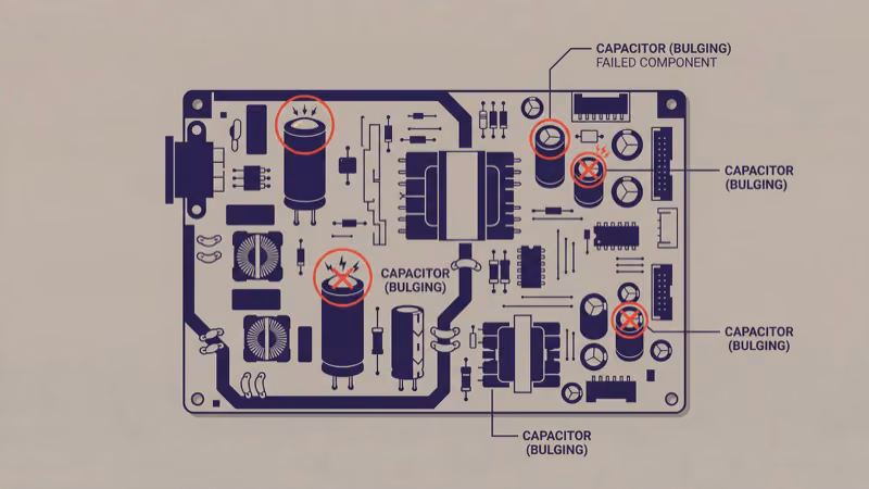 TV internal power supply board showing capacitor components