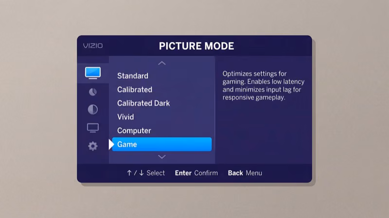 Vizio TV picture mode settings with game mode option highlighted