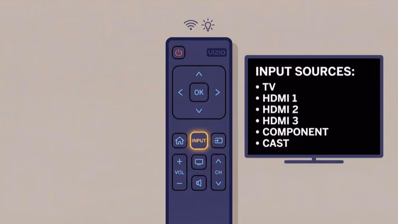 Vizio TV remote input source button with HDMI options on screen