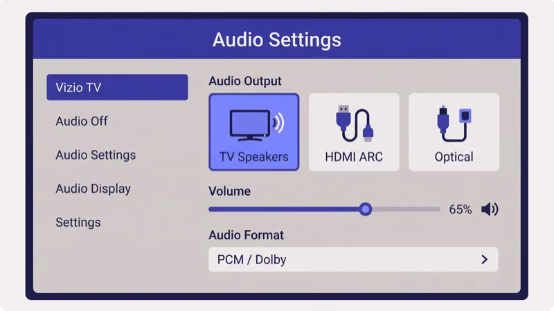 Vizio TV audio settings menu showing Digital Audio Out set to PCM format