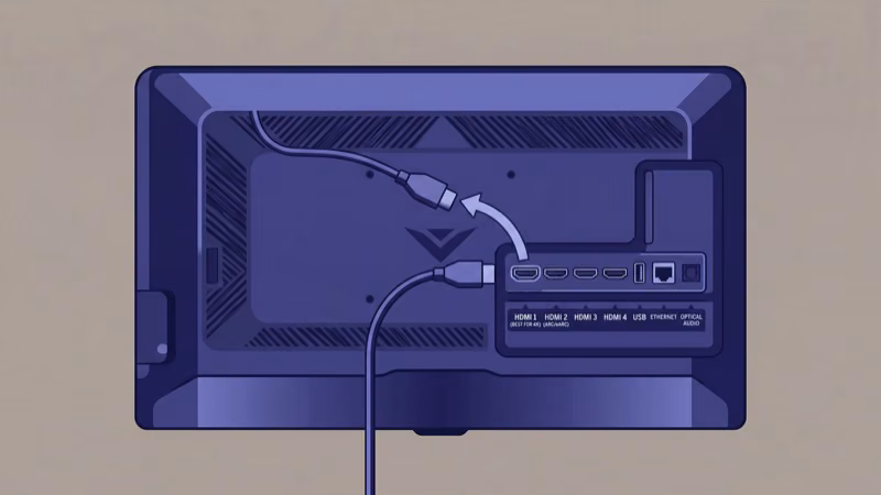 HDMI cable inspection showing bent pins and proper connection to Vizio TV port