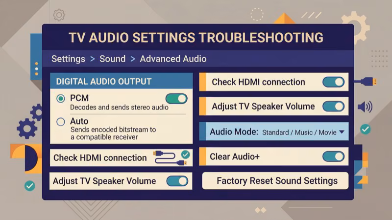 TV audio output settings showing PCM and auto format options