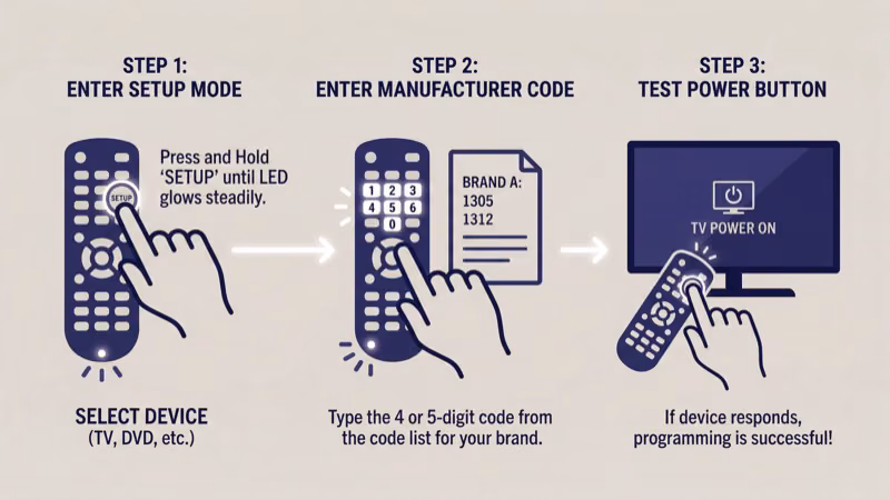 Three step universal remote programming process from setup to test