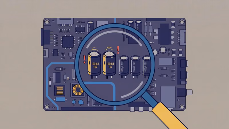 Vizio TV power supply board with bulging capacitors identified for replacement