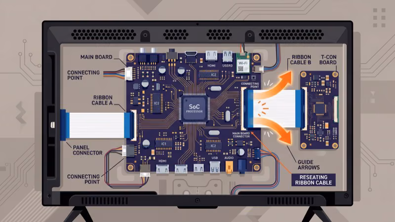 Internal Vizio TV ribbon cable connectors on T-con board being reseated